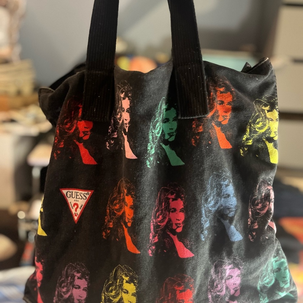 Vintage GUESS Black Large Tote with Claudia Schiffer Pop Art Design - Y2K style